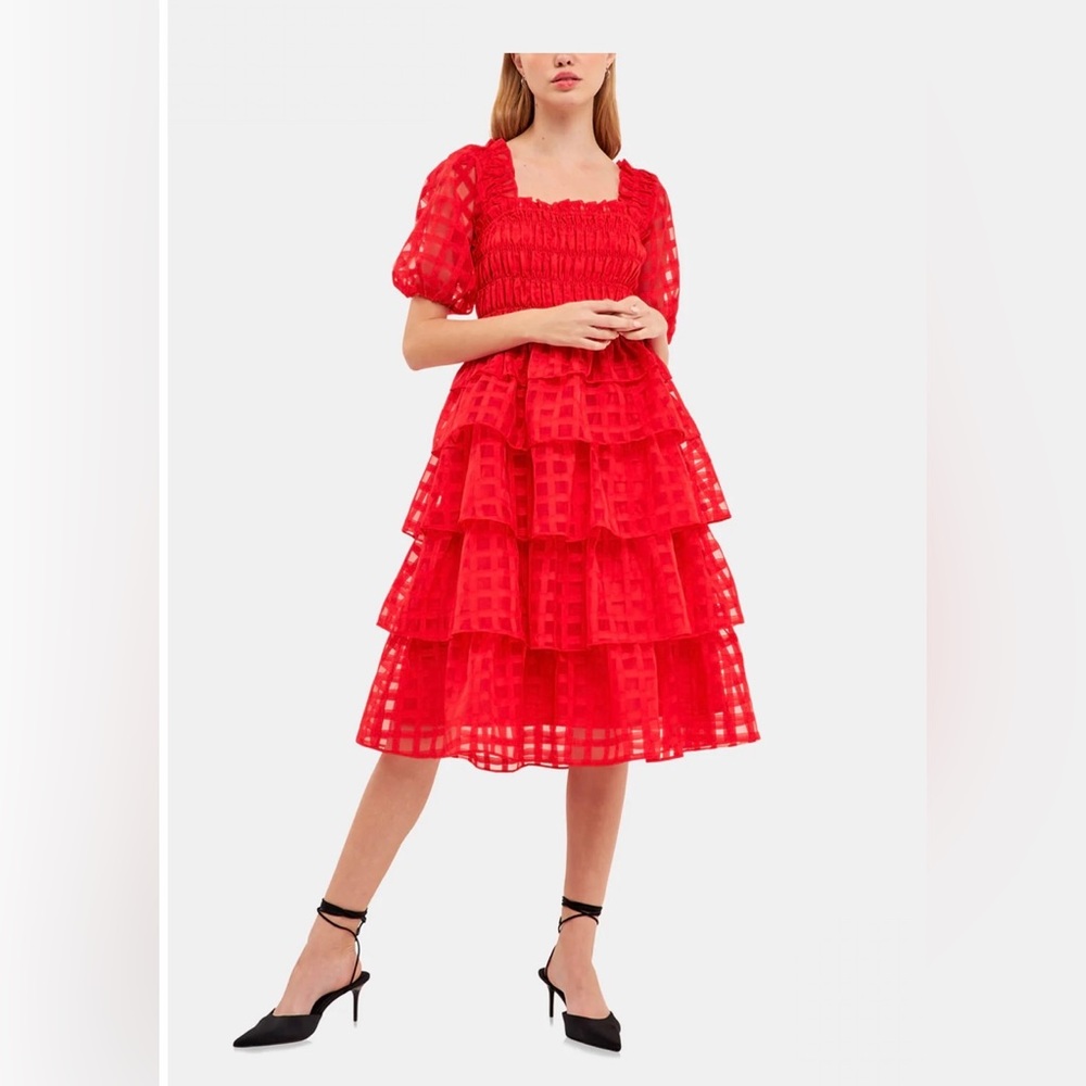 New With Tag English Factory Check Organza tiered Midi Dress - Small - NWT